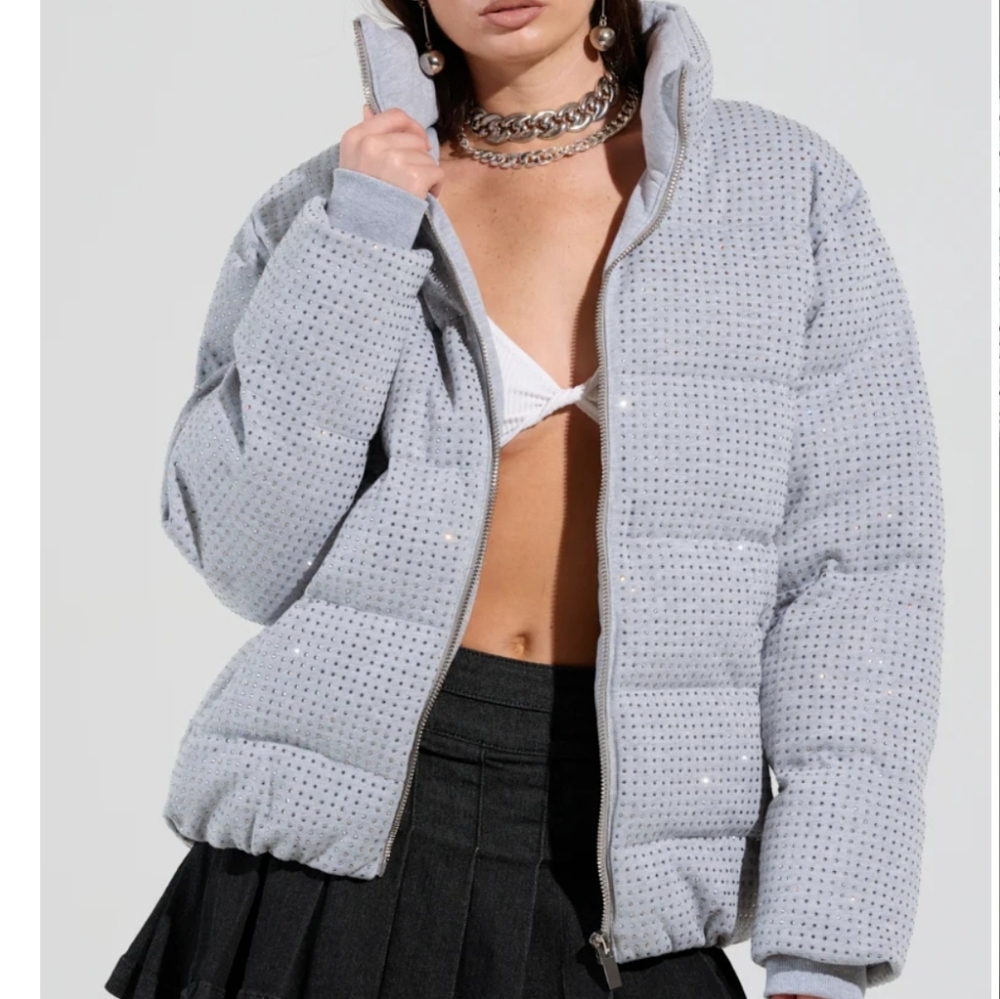 Rhinestone Gray Puffer Jacket